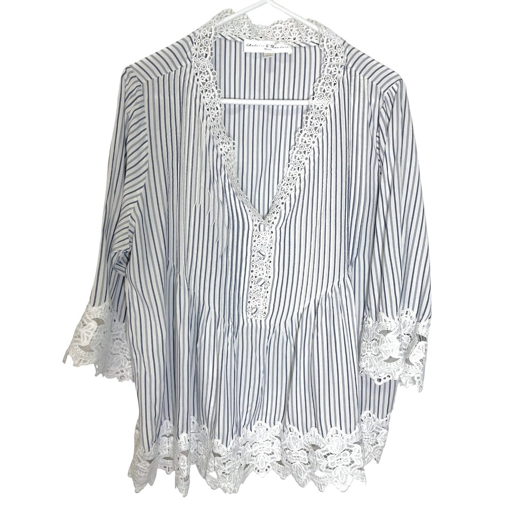 Chelsea & Theodore 1X Blue Striped Blouse Lace Trim Boho Cottagecore Peasant